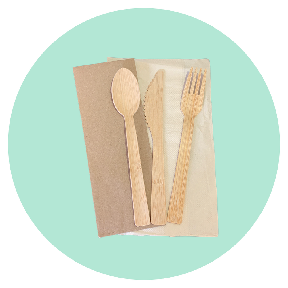 
            
                Load image into Gallery viewer, Bamboo Cutlery set w/ napkin W/ Custom LOGO - 100 sets
            
        