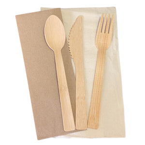 
            
                Load image into Gallery viewer, Bamboo Cutlery set w/ napkin W/ Custom LOGO - 100 sets
            
        
